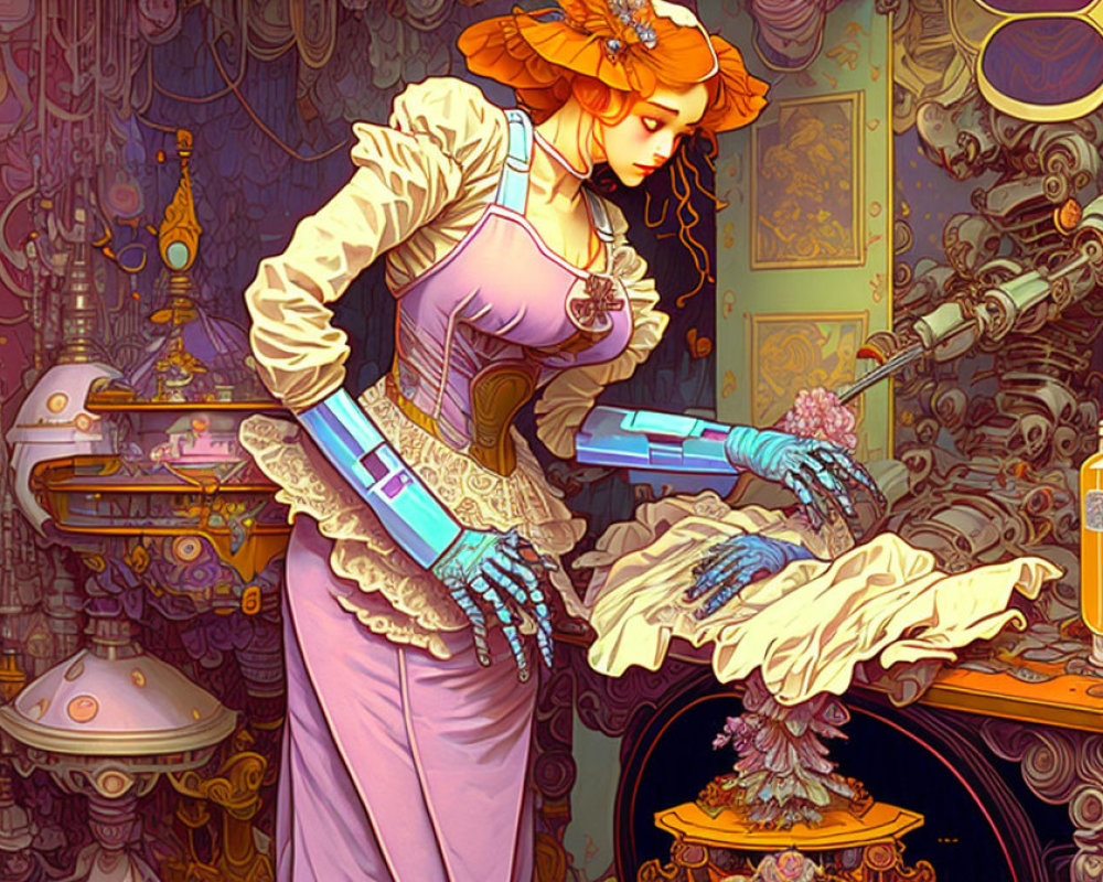 Victorian woman with mechanized gloves in vibrant steampunk setting