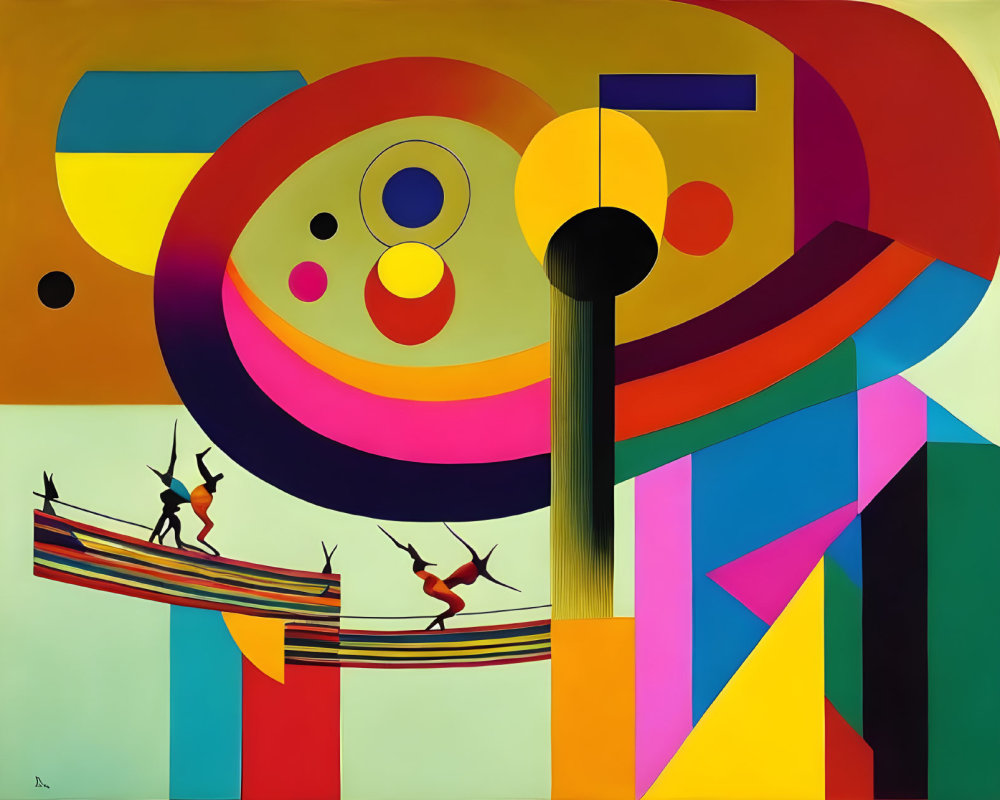 Colorful Abstract Painting with Geometric Shapes and Figures Balancing on Tightropes