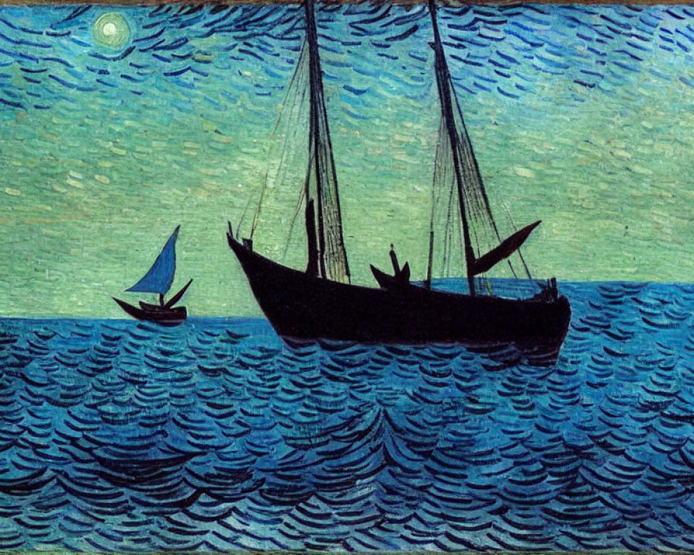 Night seascape with two sailboats under crescent moon