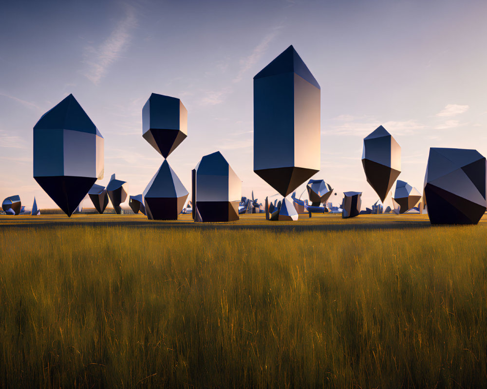 Sunset Field with Geometric Crystal Structures Casting Shadows