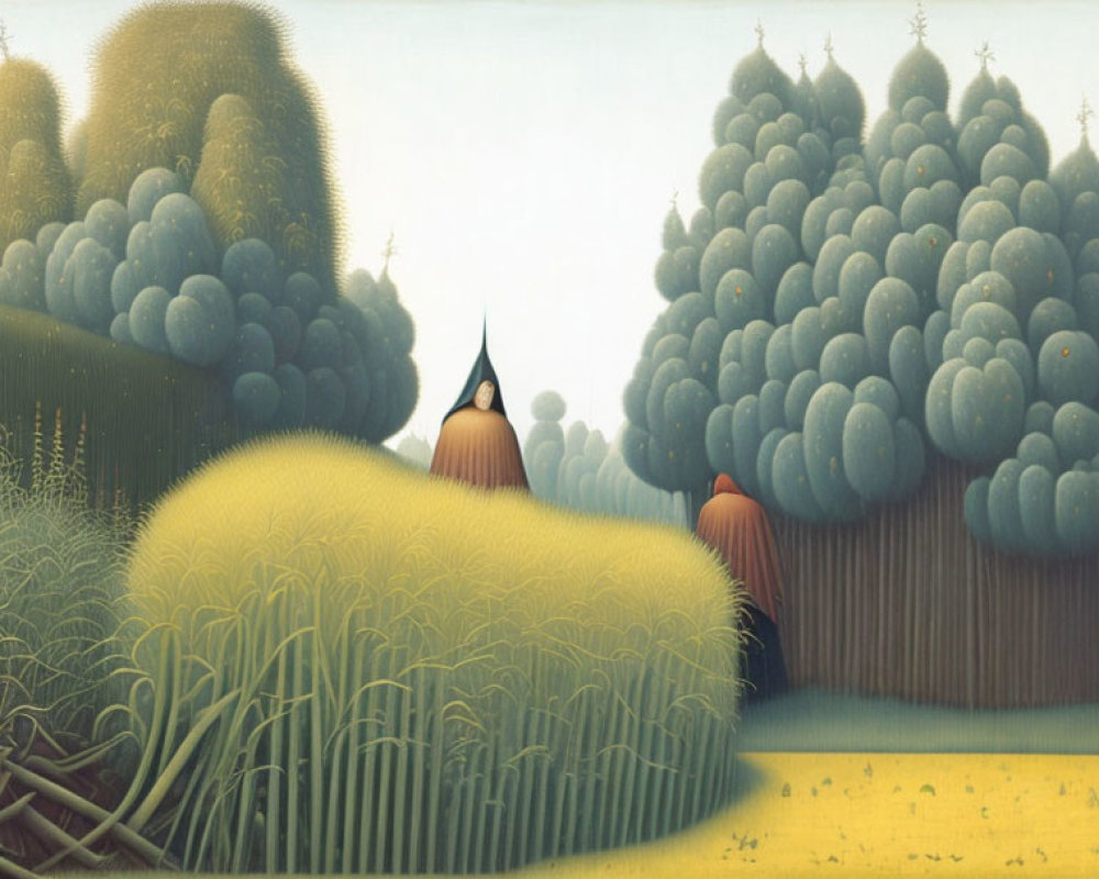 Whimsical painting of lush green landscape with round trees and character in pointed hat