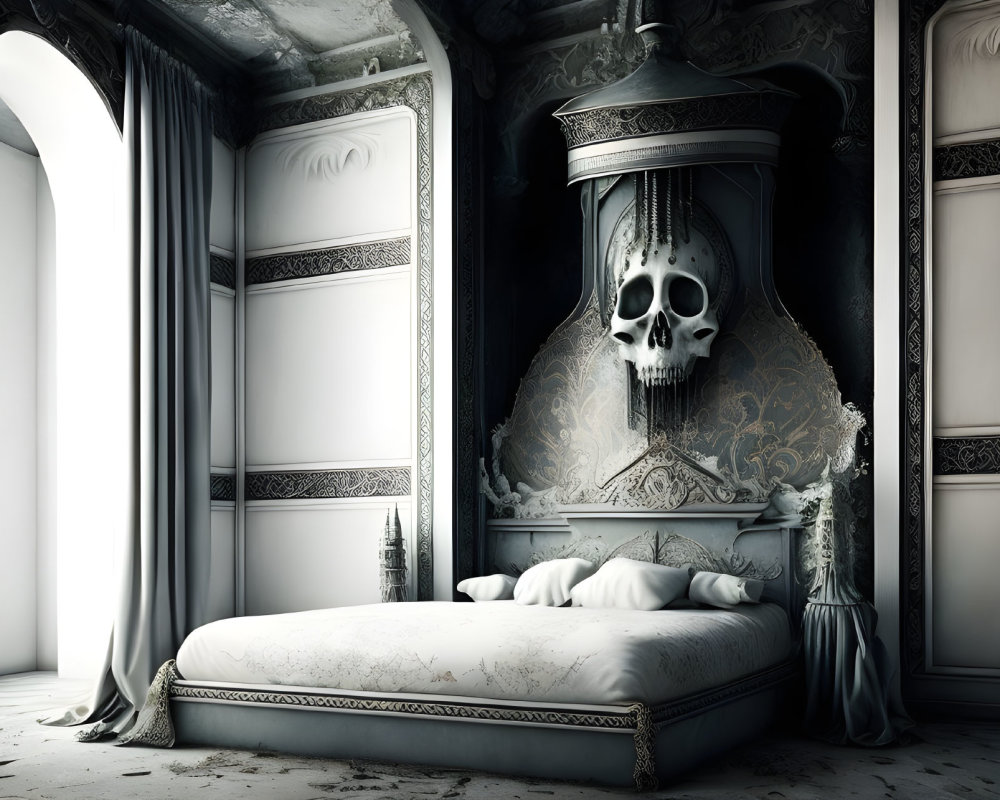 Luxurious Bedroom with Skull Decor and Ornate Walls