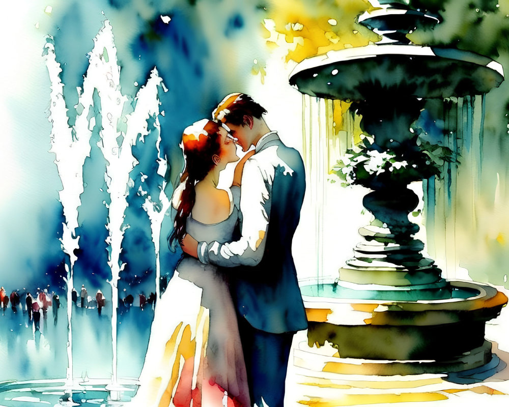 Couple Embracing and Kissing by Fountain in Vibrant Watercolor