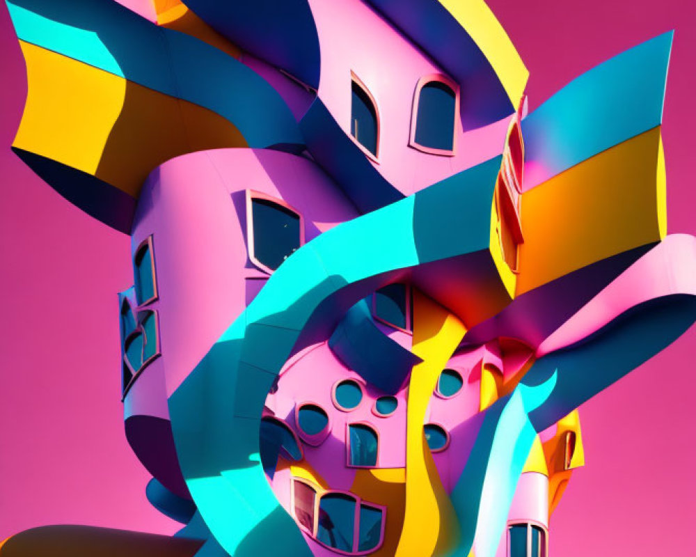 Vibrant surreal digital artwork of twisted structure in pink, blue, and yellow hues