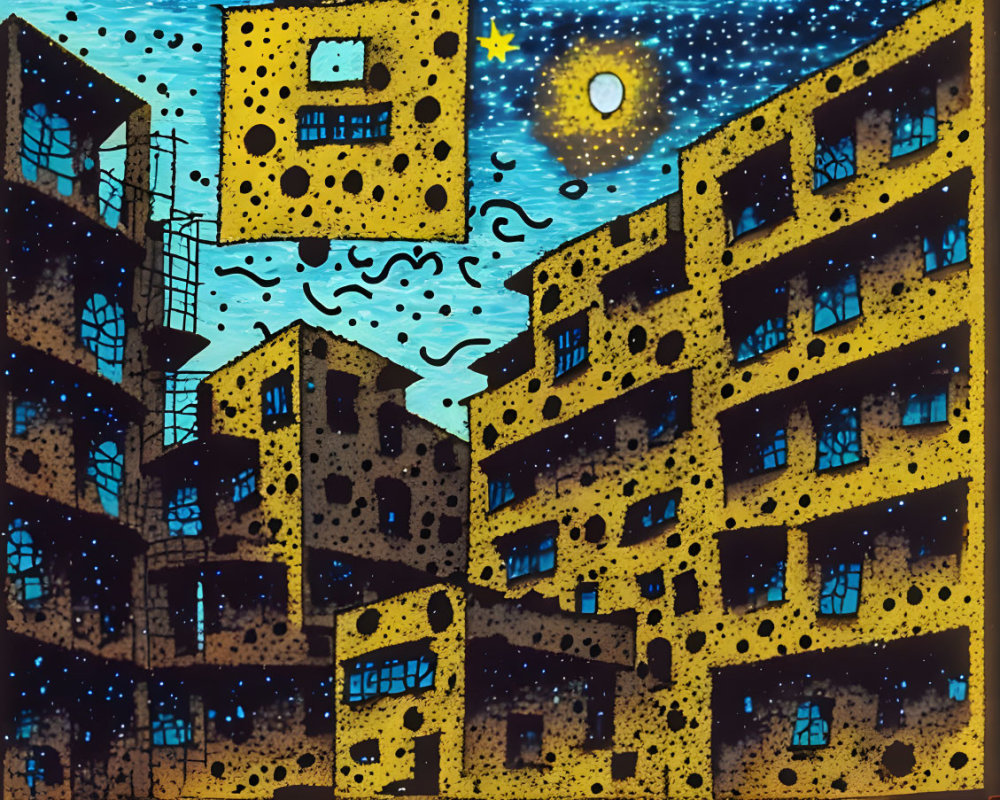 Night sky over yellow buildings with staircases and blue swirls