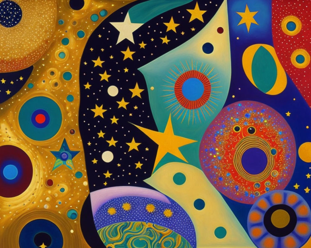 Colorful Abstract Painting with Cosmic Elements and Swirling Patterns