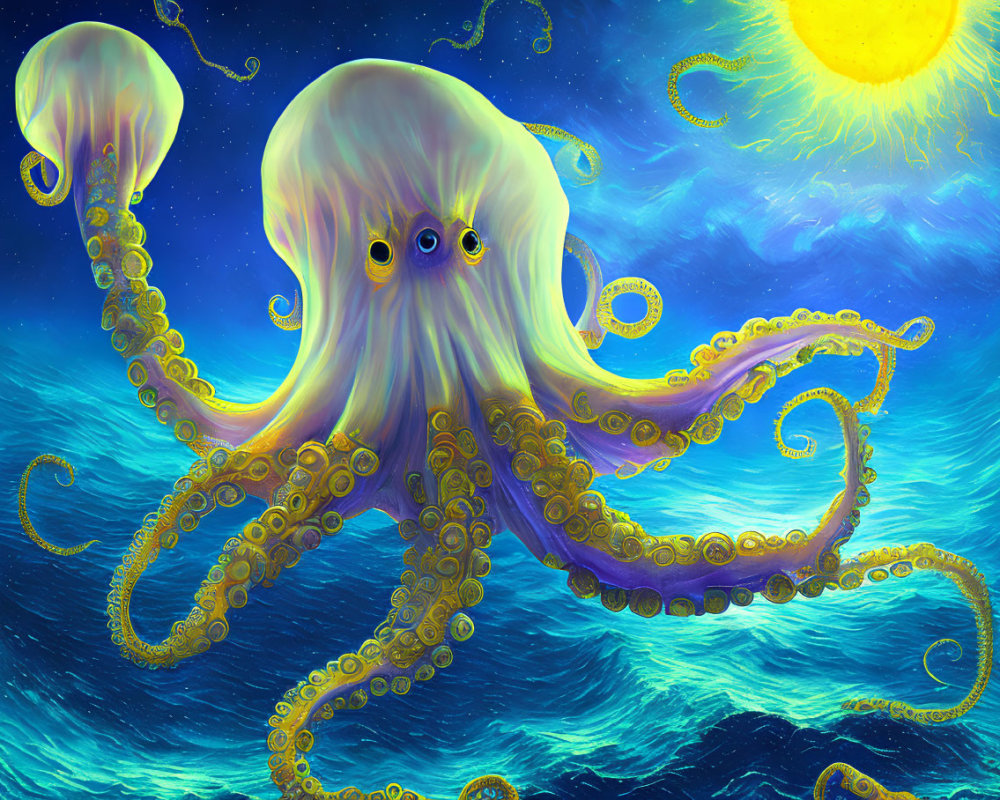 Colorful Octopus Illustration Swimming in Ocean Under Sunny Sky