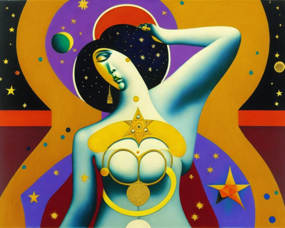 Vibrant surrealistic painting of stylized female figure with cosmic elements