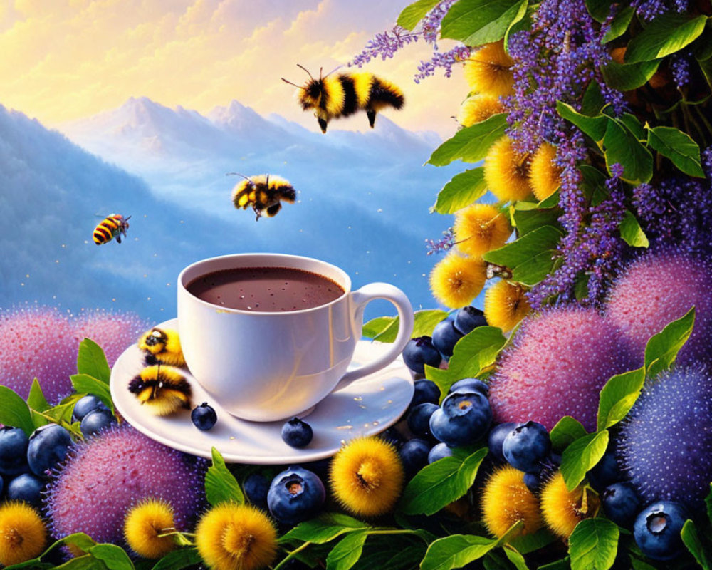 Colorful digital artwork: bumblebees, hot drink, blueberries, flowers, mountain.