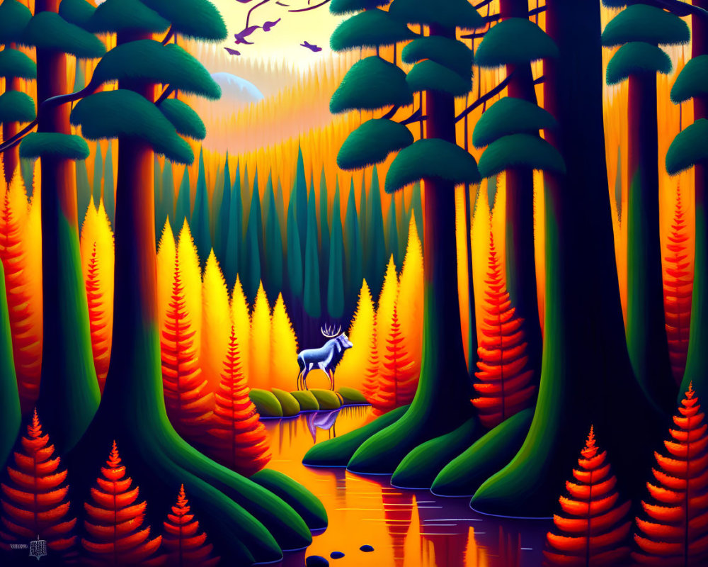 Colorful forest scene with deer, trees, water body, and sunset sky