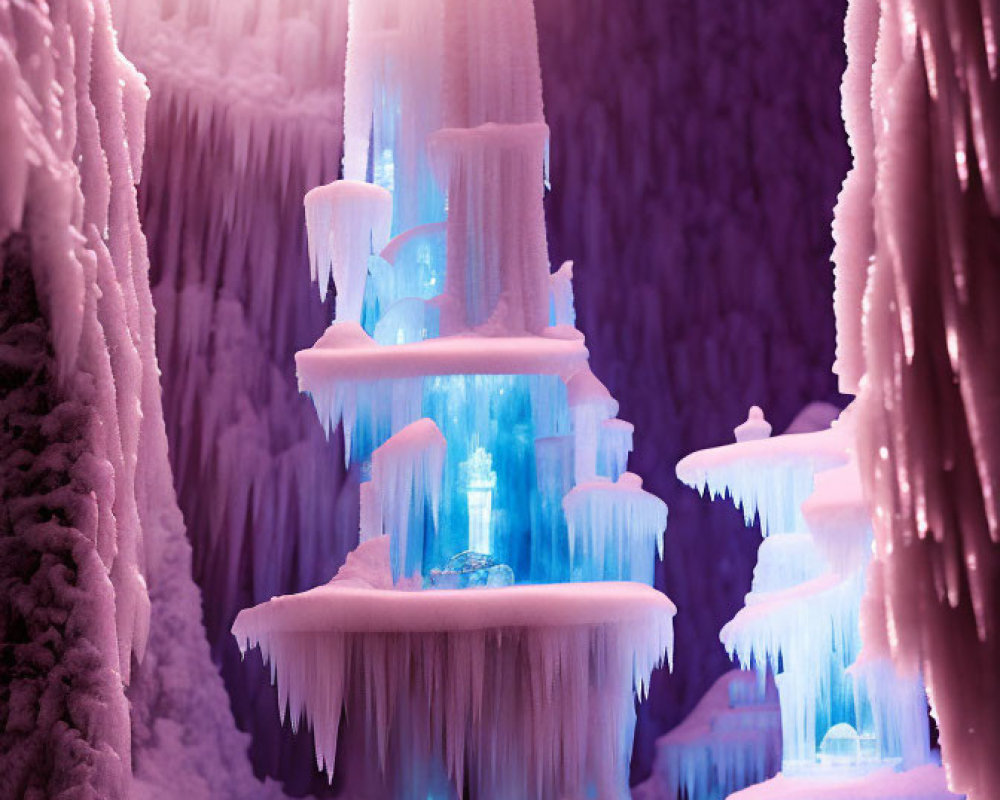 Fantastical icy cave with glowing blue stalactites and stalagmites in soft pink light