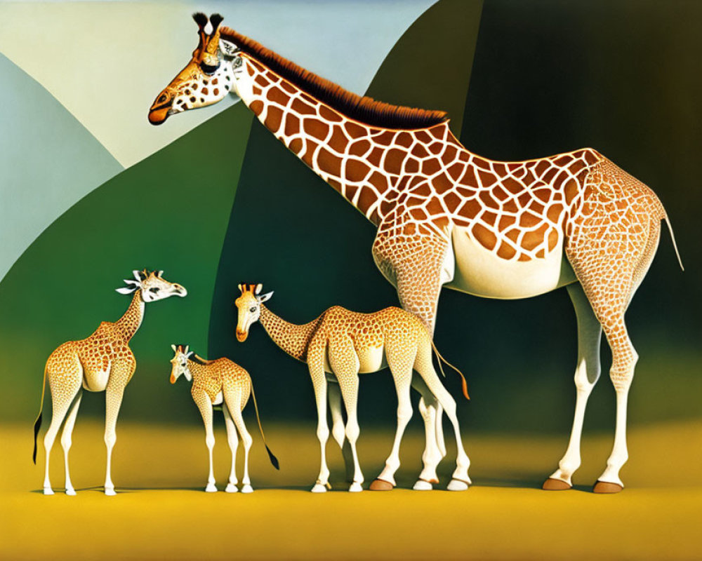 Giraffe and calves on geometric landscape with green-yellow gradient