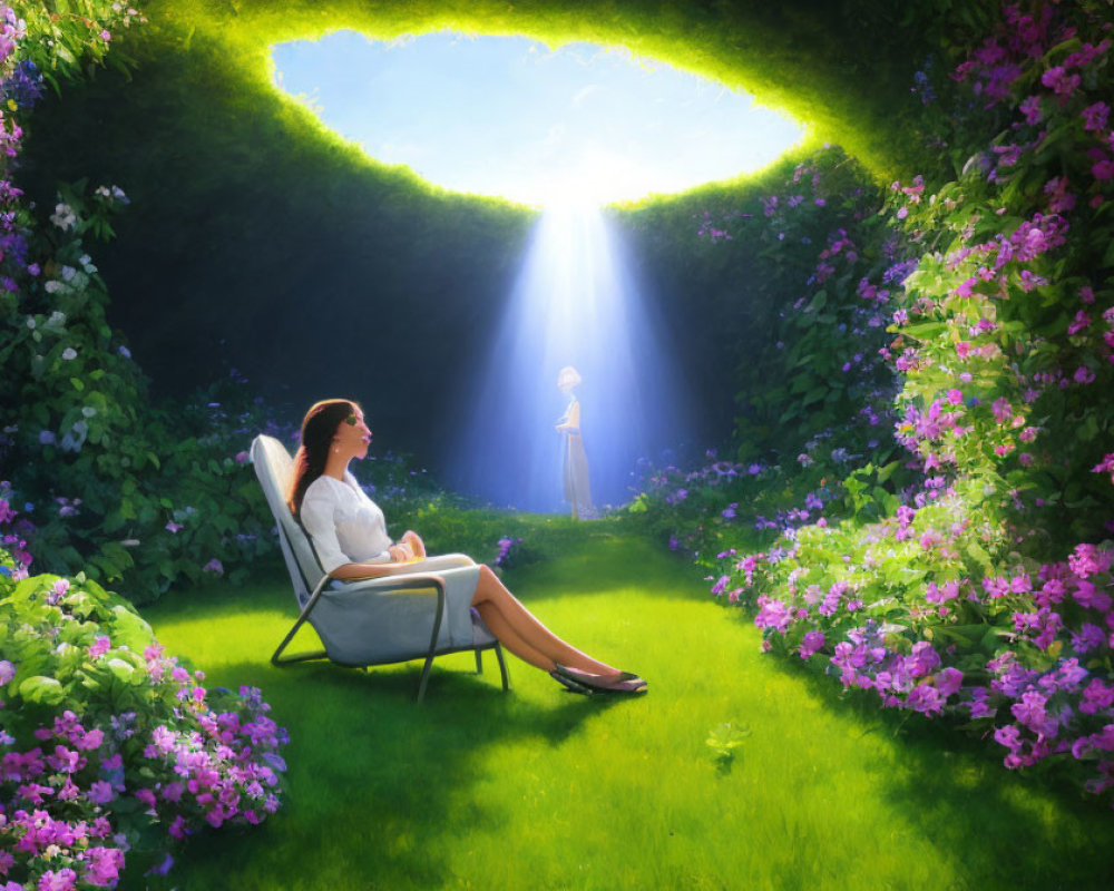 Woman relaxing in vibrant garden with purple flowers and glowing figure in sunlit clearing