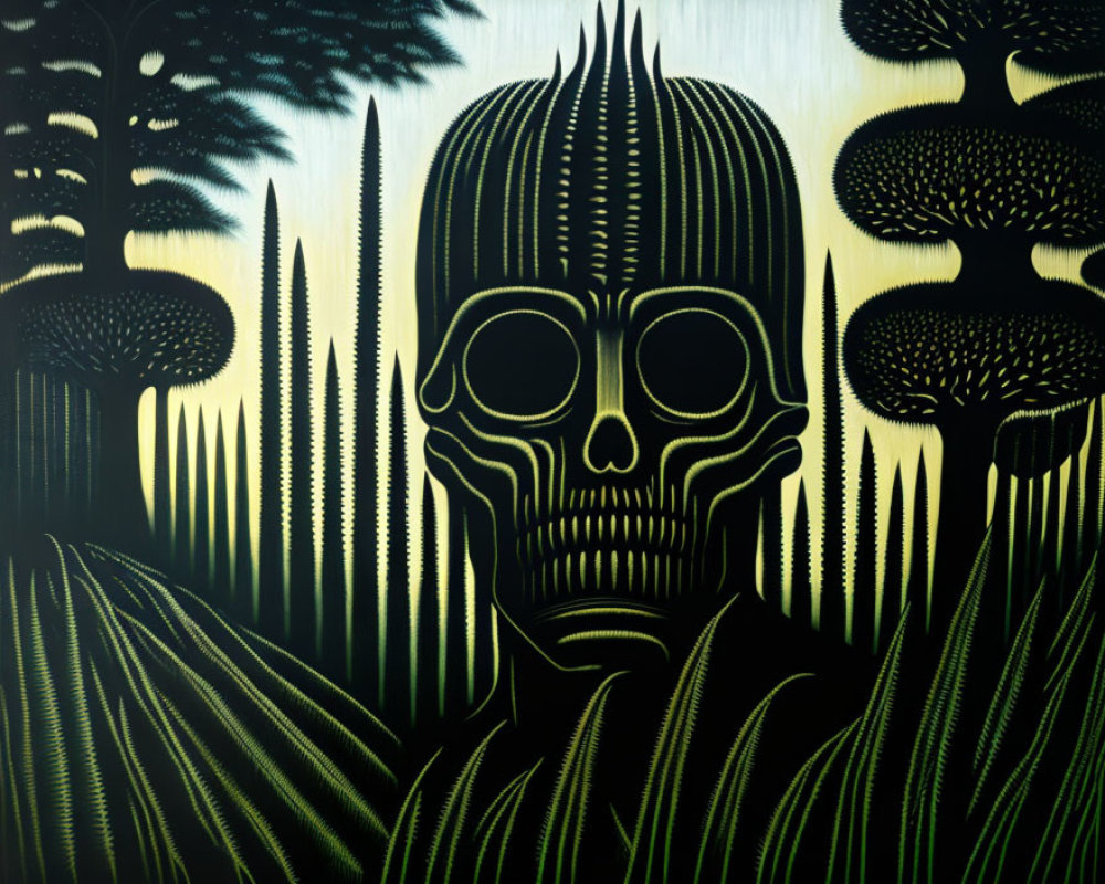 Monochromatic Skull Artwork with Vertical Lines and Trees