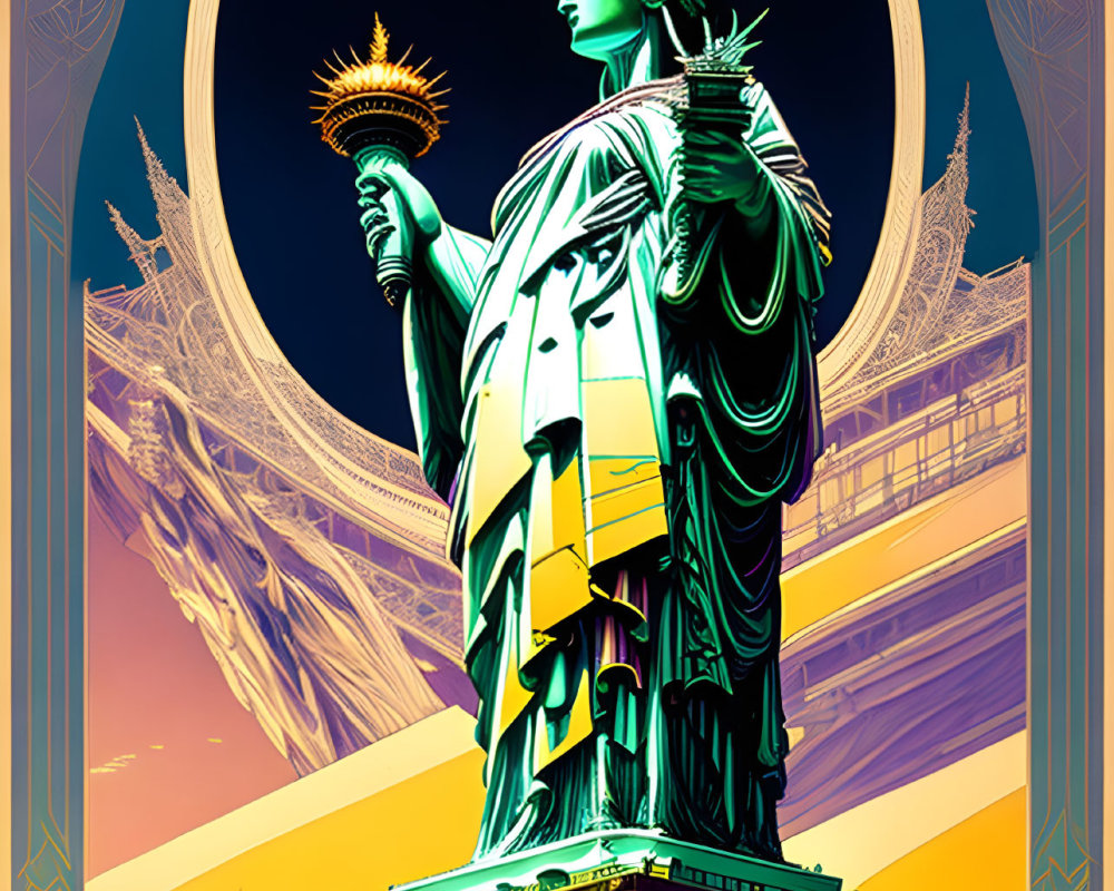 Statue of Liberty illustration with colorful geometric backdrop and city skyline.