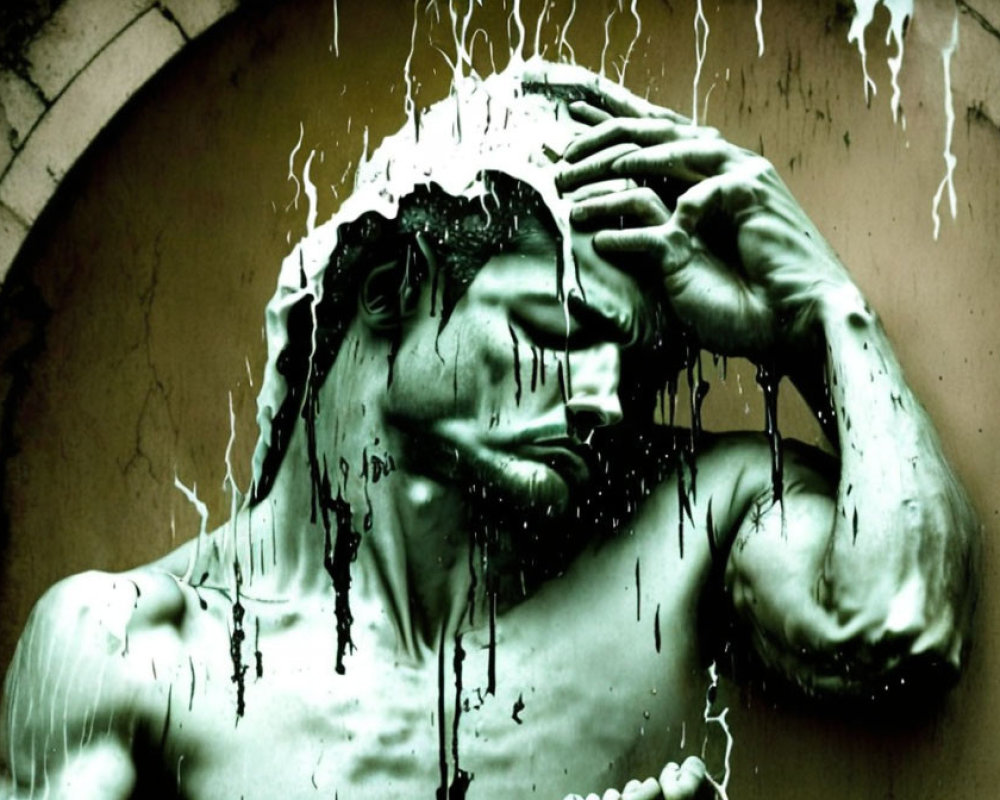 Close-up of tormented male statue with hand on head and streaming liquid.