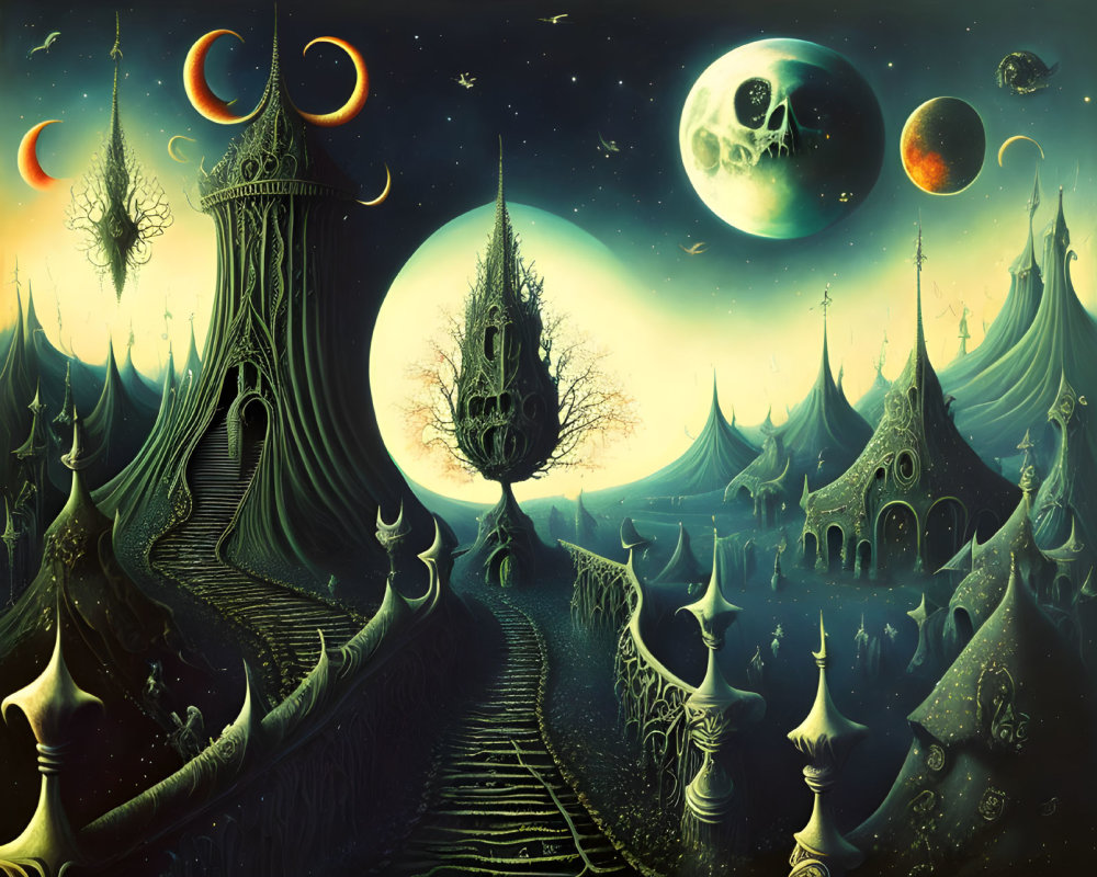 Surreal fantasy landscape with spire-like structures and celestial bodies