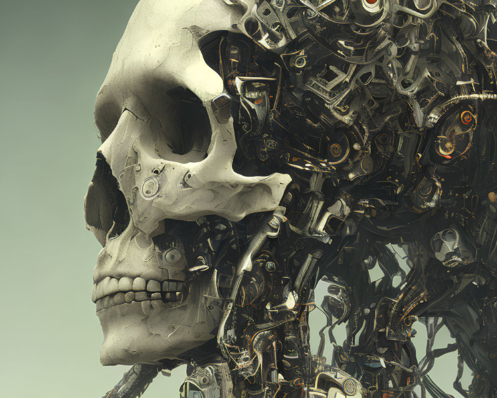 Digital artwork: Robotic structure with human skull facade and intricate mechanical parts on neutral background