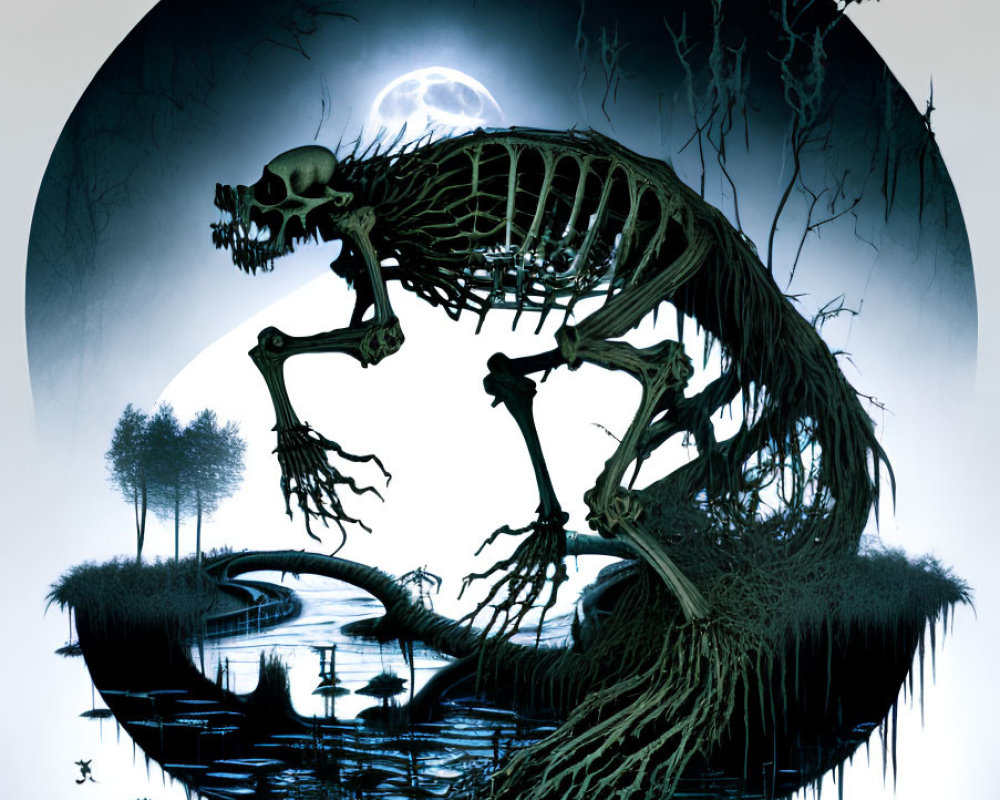 Spooky skeleton with claws in swamp under full moon