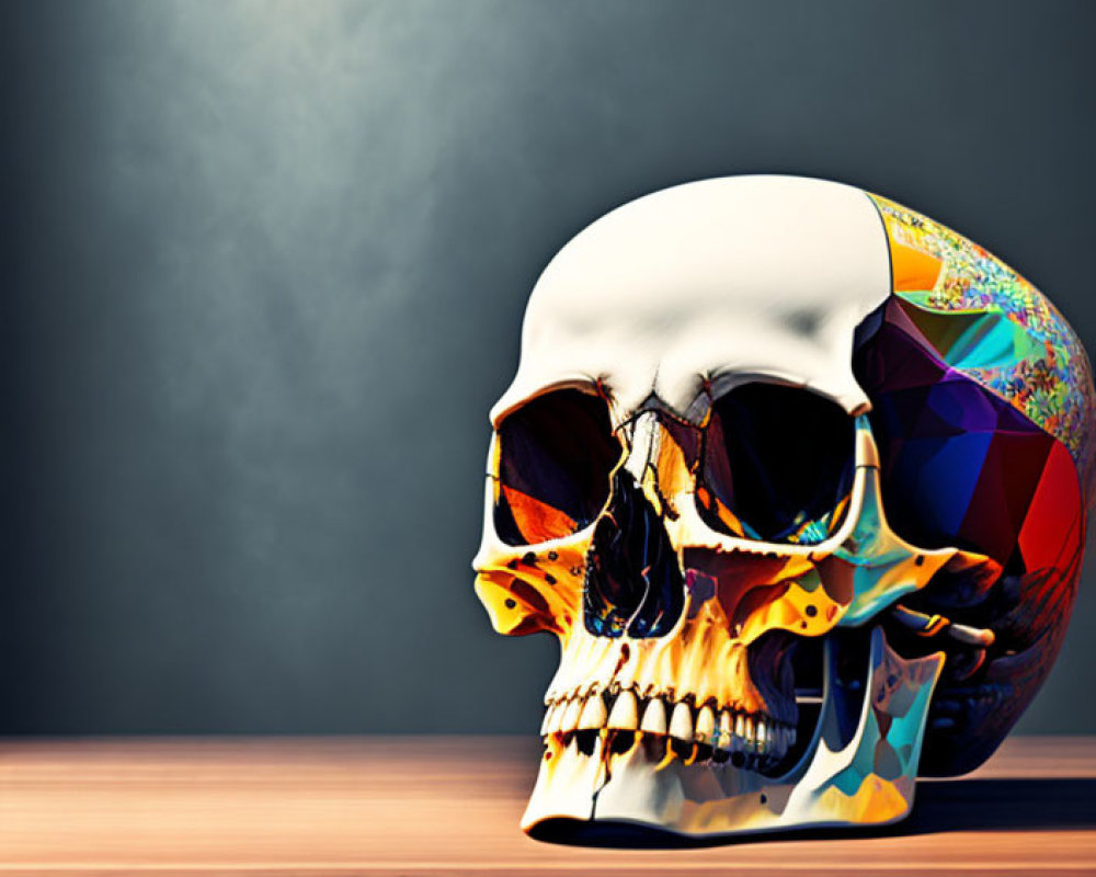 Colorful geometric half-skull on dark background and wooden surface