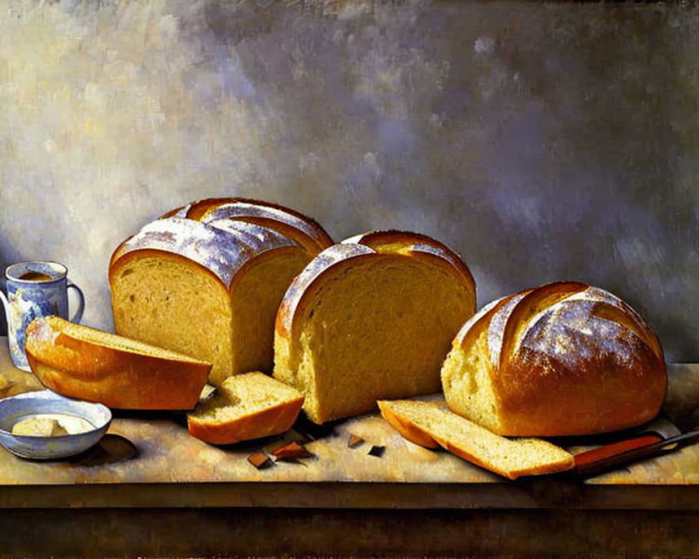 Classic Still Life Painting with Sliced Bread, Knife, Bowl, and Cup