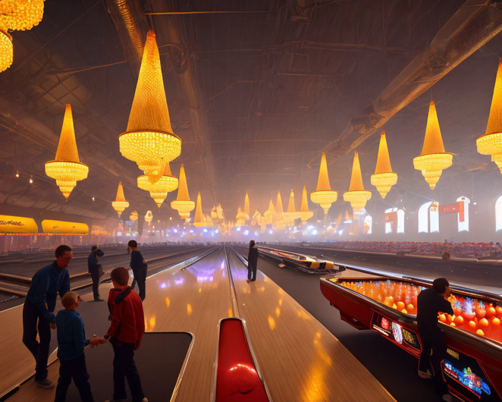 Futuristic Bowling Alley with Orange Lanes and Cone-Shaped Lights