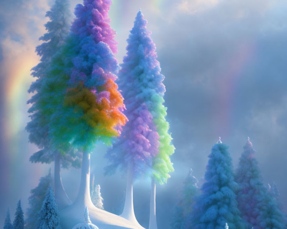 Snowy Landscape with Rainbow Trees and Double Rainbow Sky