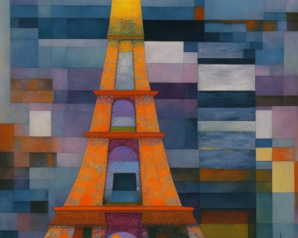 Vibrant abstract Eiffel Tower art with geometric patterns and landscape.