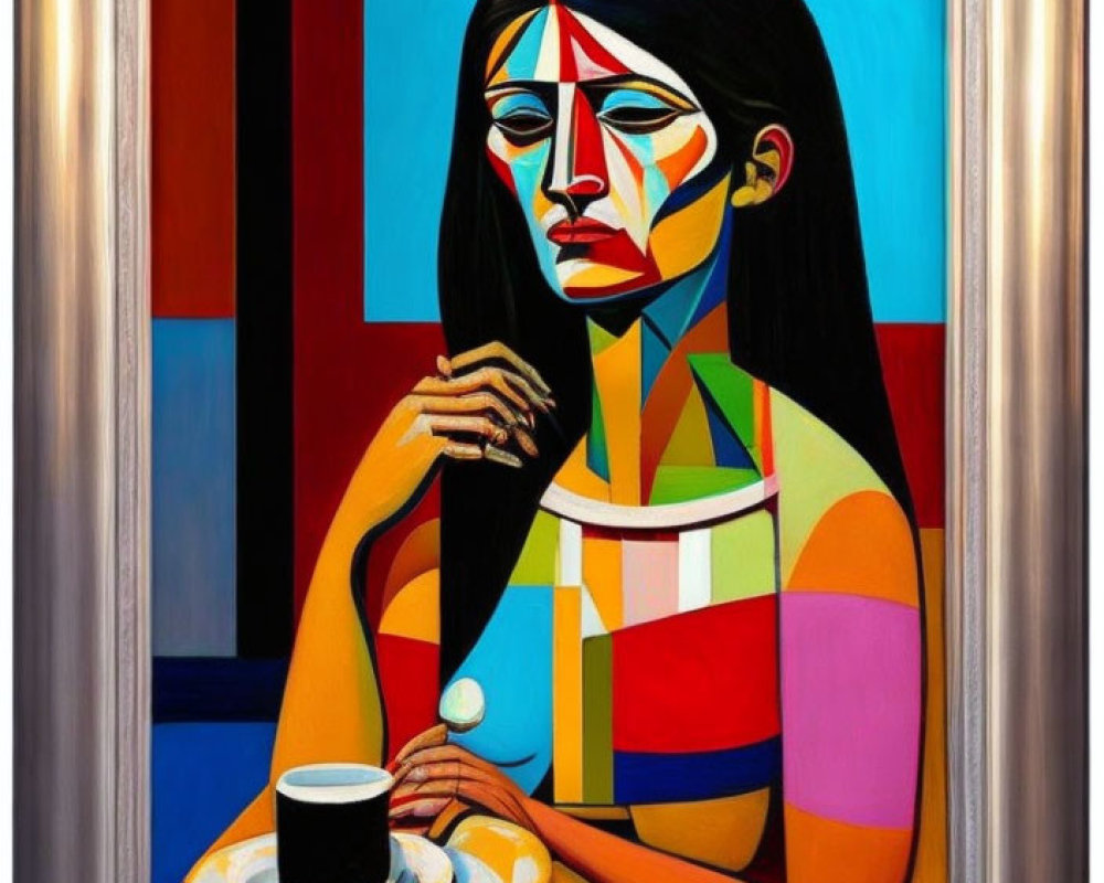 Colorful Cubist Painting of Woman with Coffee Cup in Silver Frame