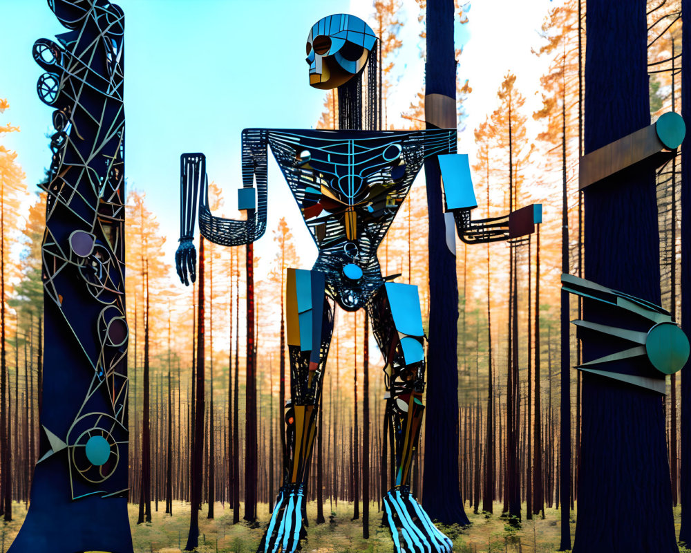 Intricate humanoid robot graphic in forest setting