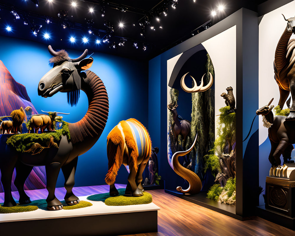 Hybrid Animal Sculptures Exhibition in Dimly Lit Room