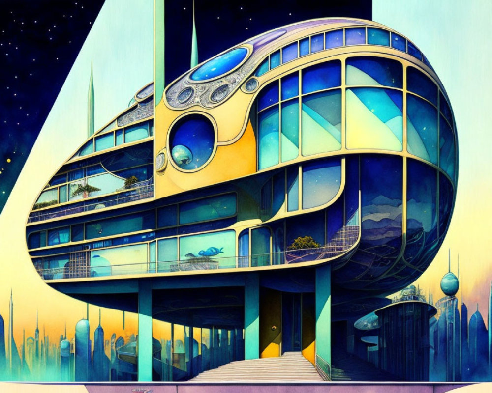 Futuristic multilevel building with large windows in retro design against twilight sky.