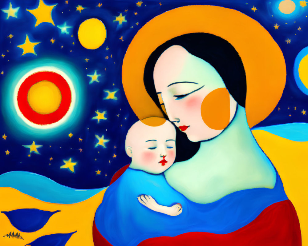 Religious iconography-inspired painting of woman and child with halos