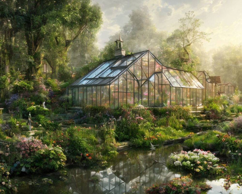 Tranquil greenhouse in lush garden with pond under soft sunlight