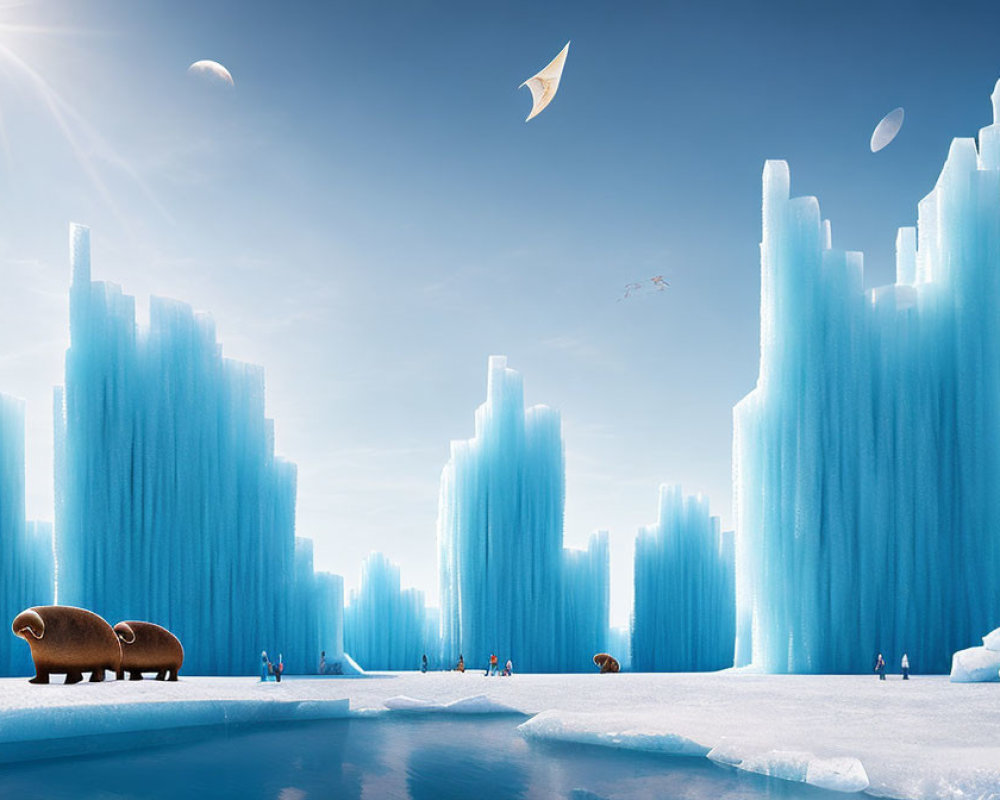 Icy Fantasy Landscape with Blue Ice Formations and Unique Characters