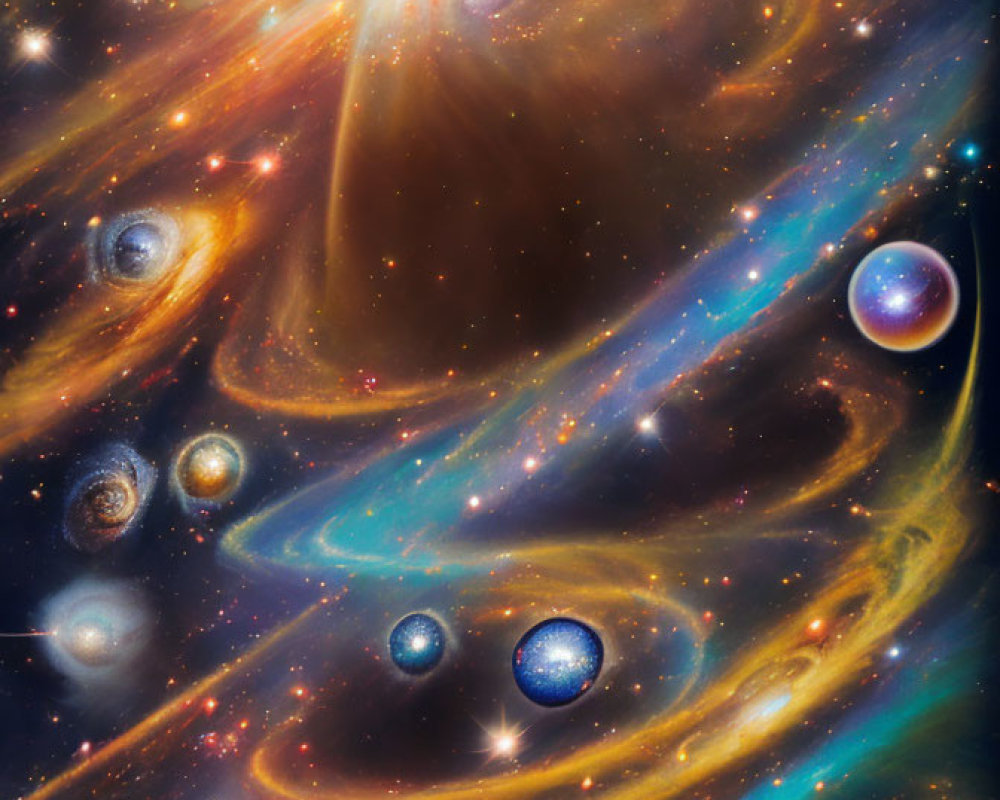 Colorful Cosmic Scene with Galaxies, Stars, and Planets