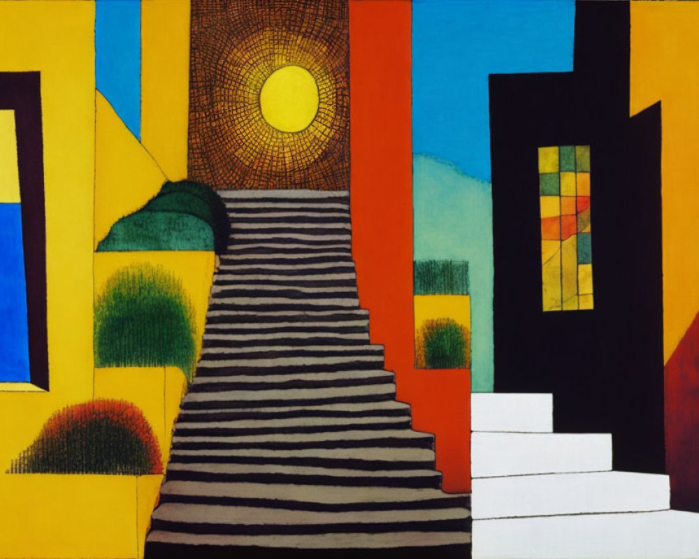 Abstract geometric painting with stairs, sun, colorful structures, and shrubbery.