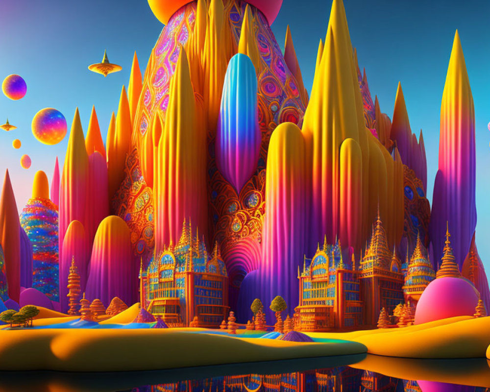 Fantastical digital artwork: Vibrant, alien mountains and surreal sky