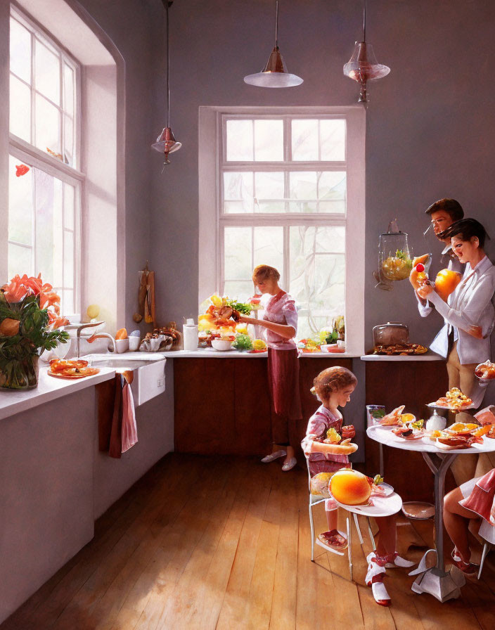 Warm Kitchen Scene: Four People Preparing Food with Fruits and Flowers