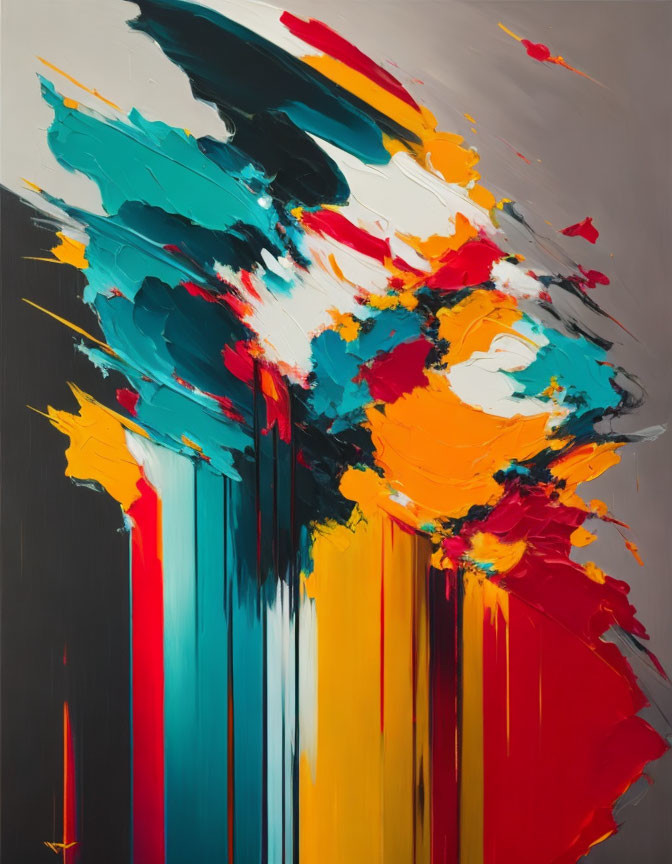 Colorful Abstract Painting with Red, Blue, Yellow, and White Strokes