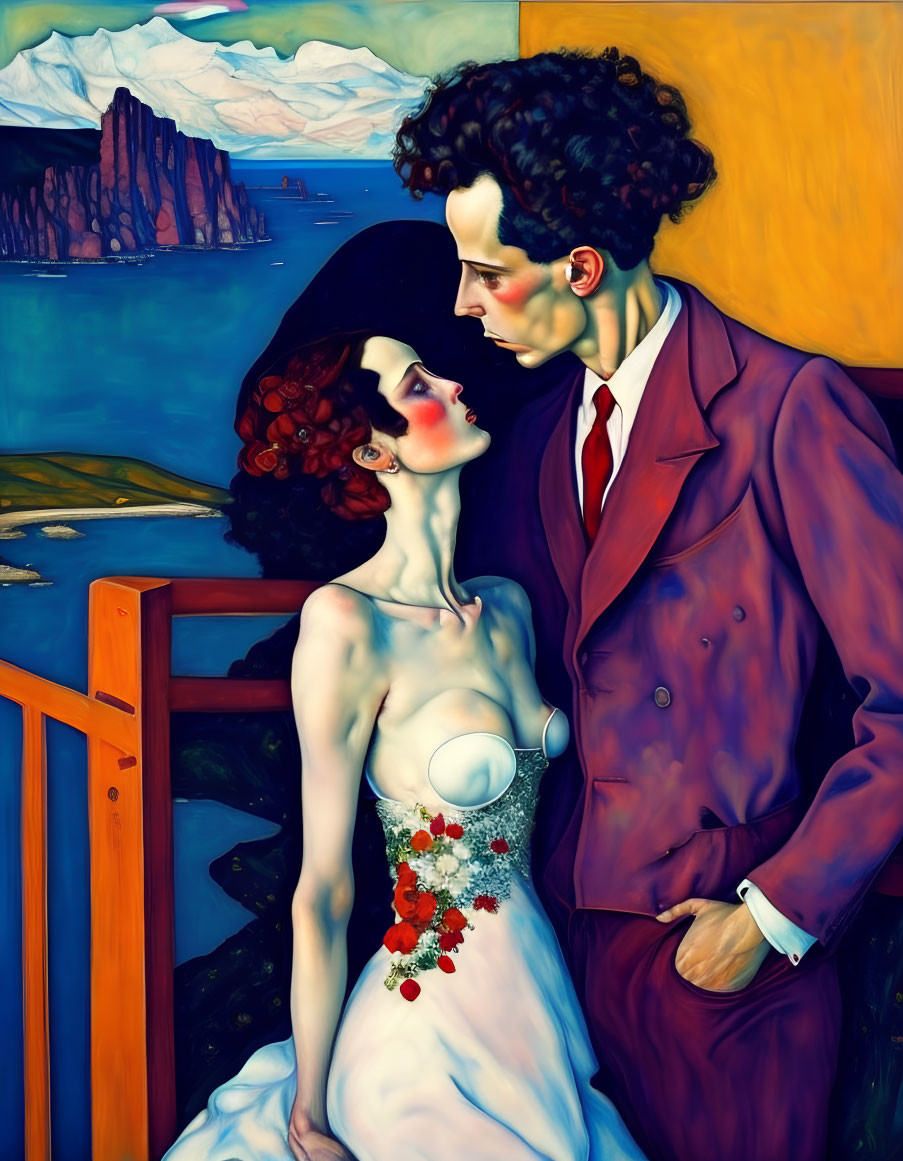 Colorful painting of couple embracing near coastal balcony