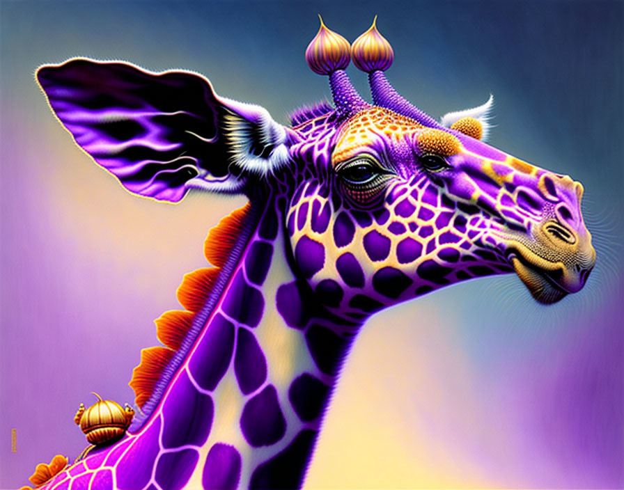 Vibrant giraffe illustration with exaggerated features and small snail on neck