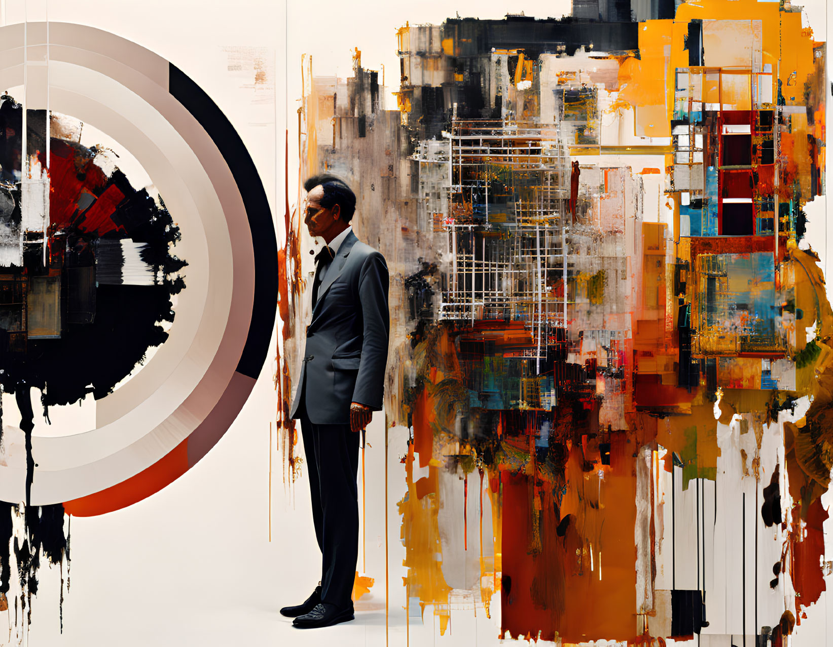 Man in suit beside vibrant abstract painting in gallery