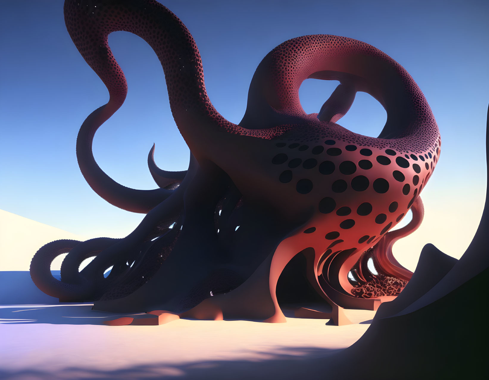 Surreal 3D rendering of giant shadowy octopus in minimalist landscape