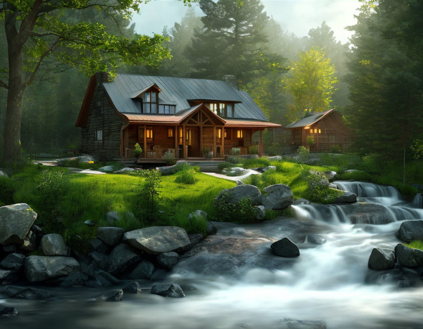 Cozy Cabin in Forest by Stream with Illuminated Windows