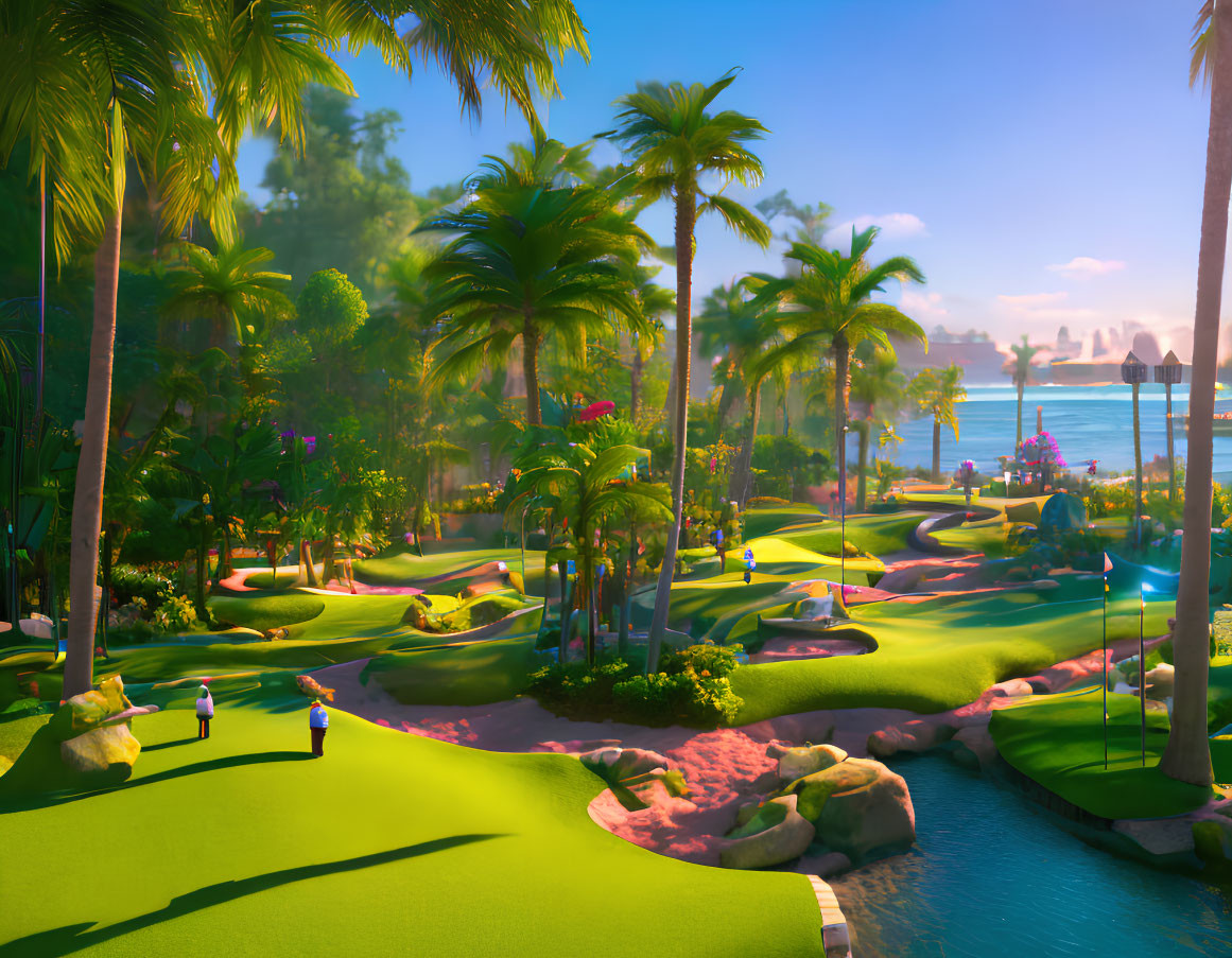 Colorful Miniature Golf Course with Lush Greenery and Palm Trees