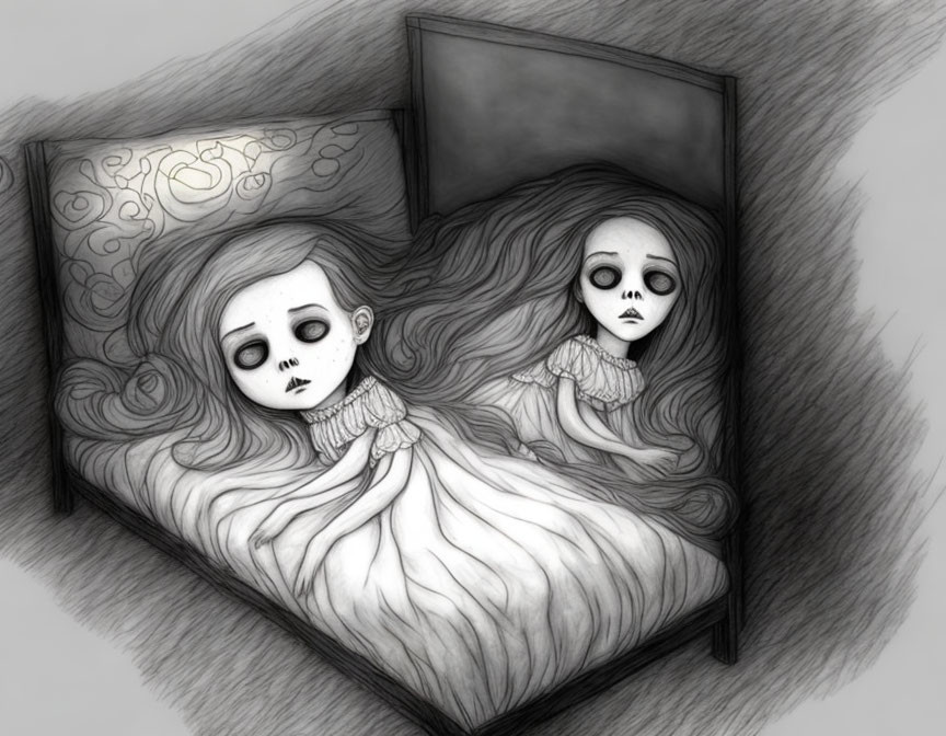 Eerie monochrome illustration of two identical girls in bed