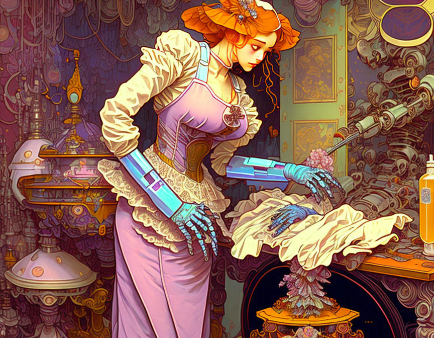 Victorian woman with mechanized gloves in vibrant steampunk setting