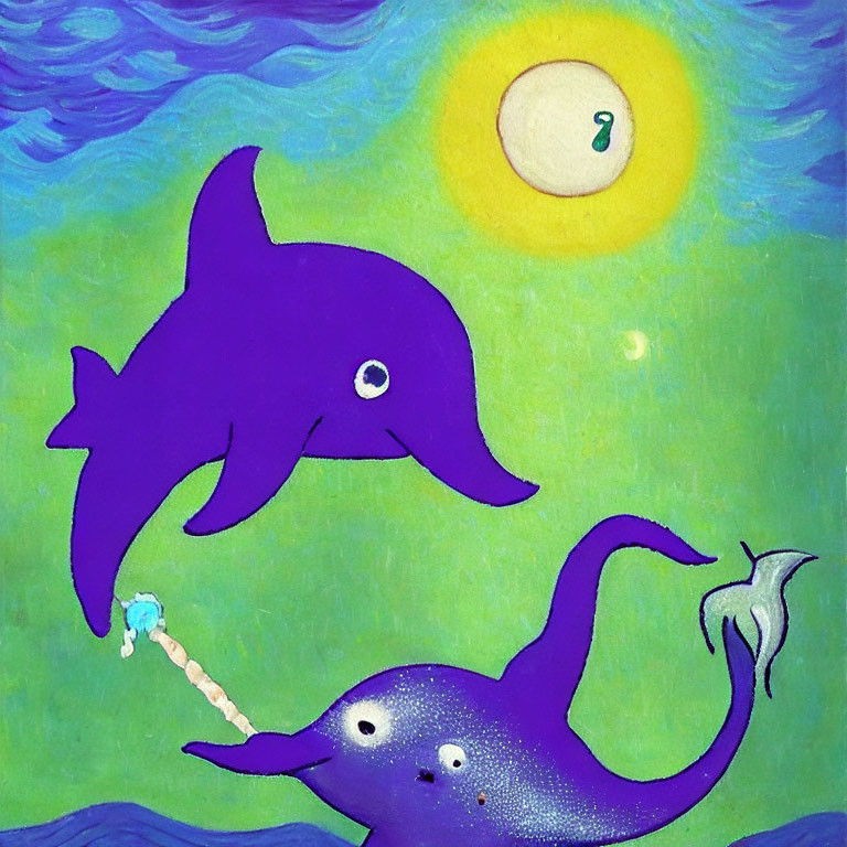 Stylized painting of two purple dolphins with yellow sun and yin-yang symbol