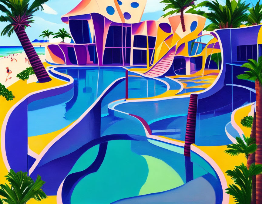 Vibrant painting of resort with pools, slides, palm trees, and beach